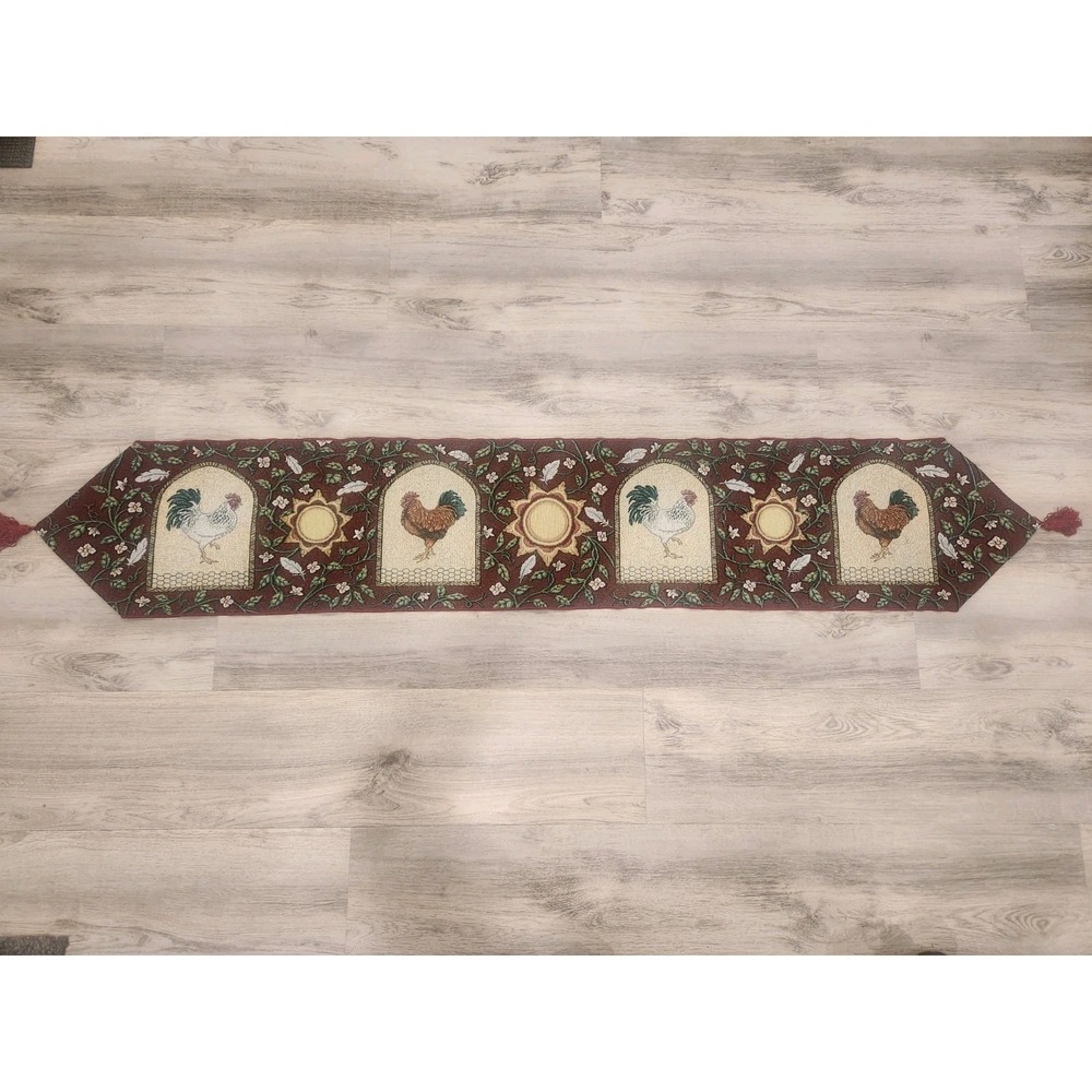 Vintage Rooster Farmhouse Cottagecore Tapestry Table Runner Red & Cream 69x12"‎